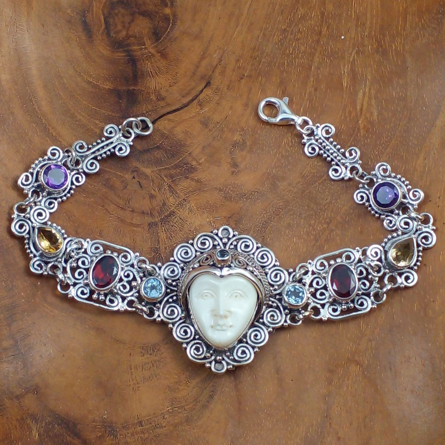 Bali Silver Bone Face Gemstone Bracelet B008W508