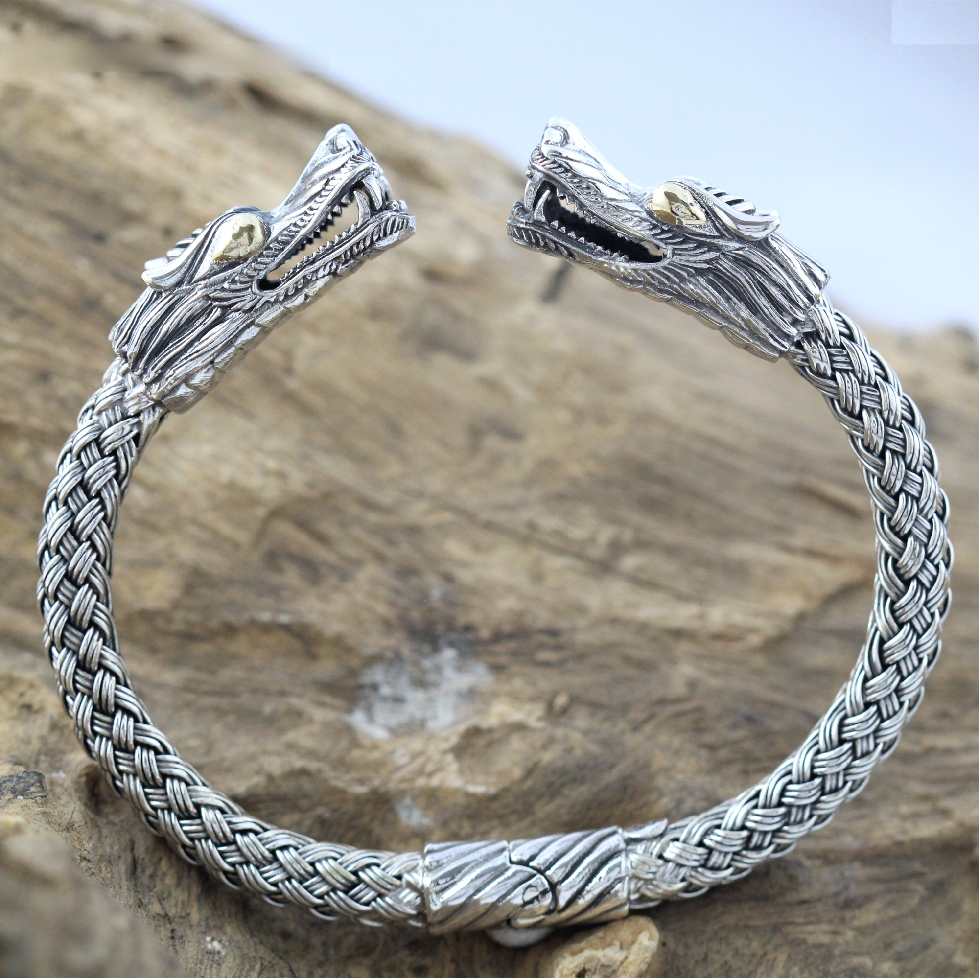 Silver Woven Dragon Golden Eye Bracelet B192G-W855