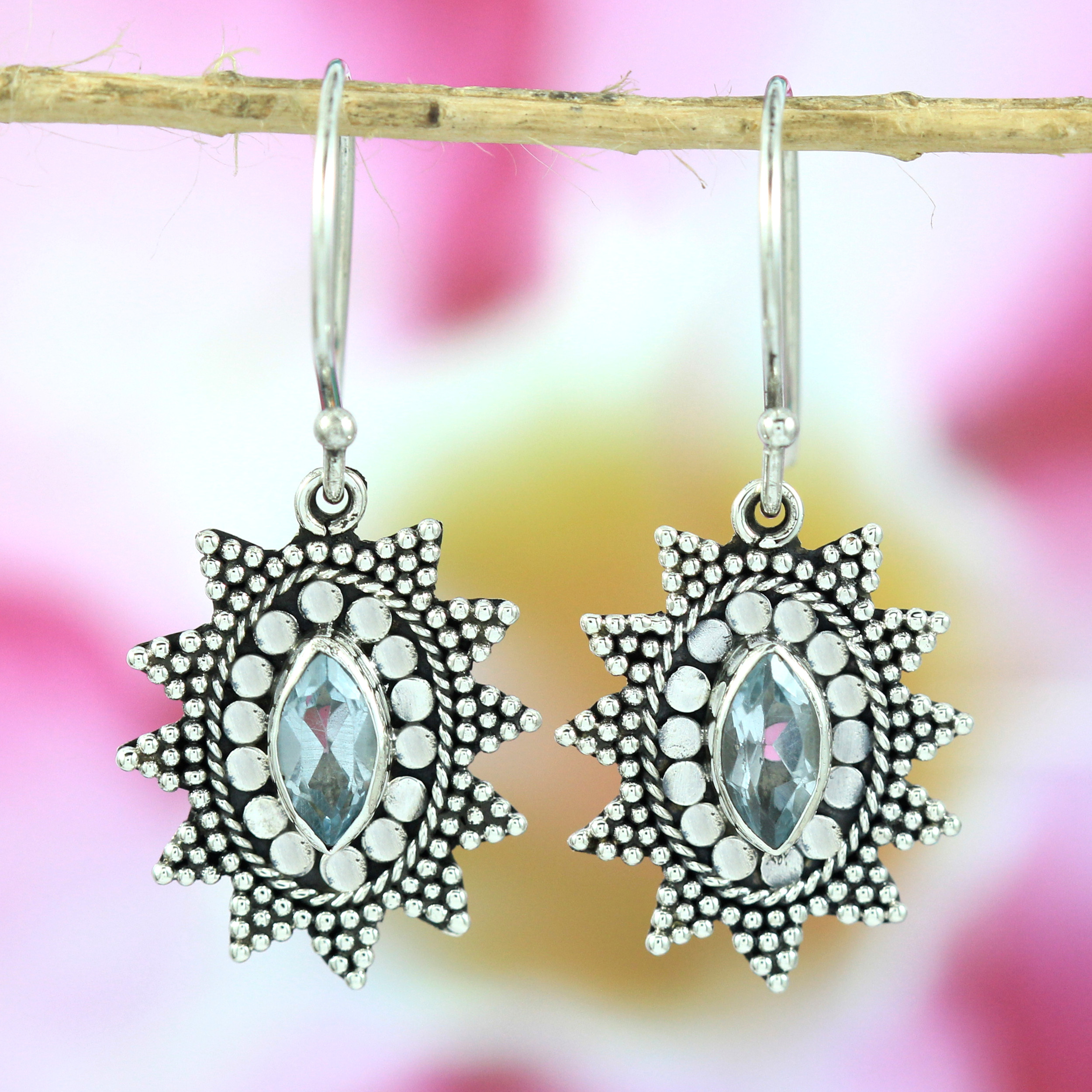 Bali Silver Blue Topaz Sun Jawan Earrings E150BTZW115