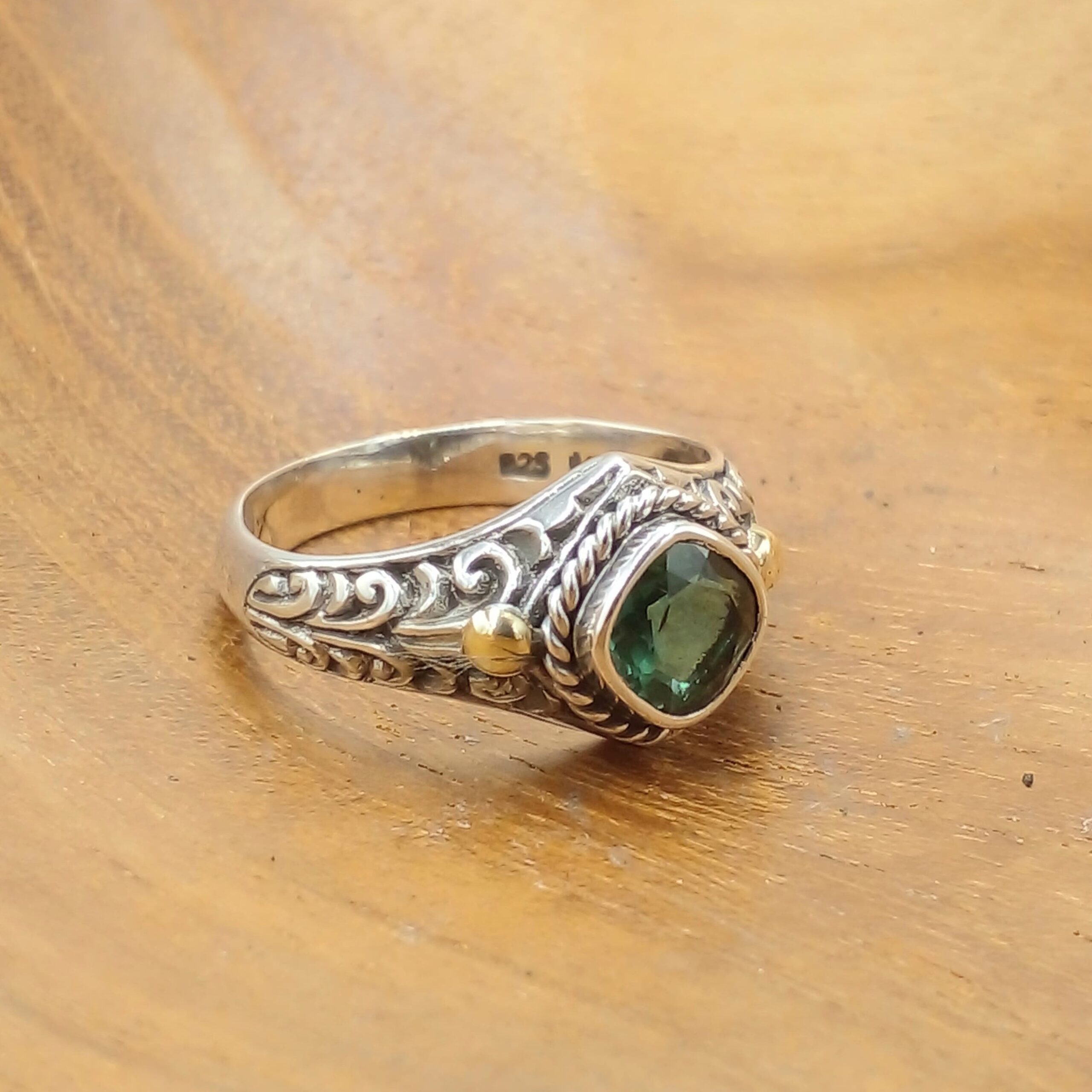 Traditional Bali Silver Gold Gemstone Ring R670GRQW155