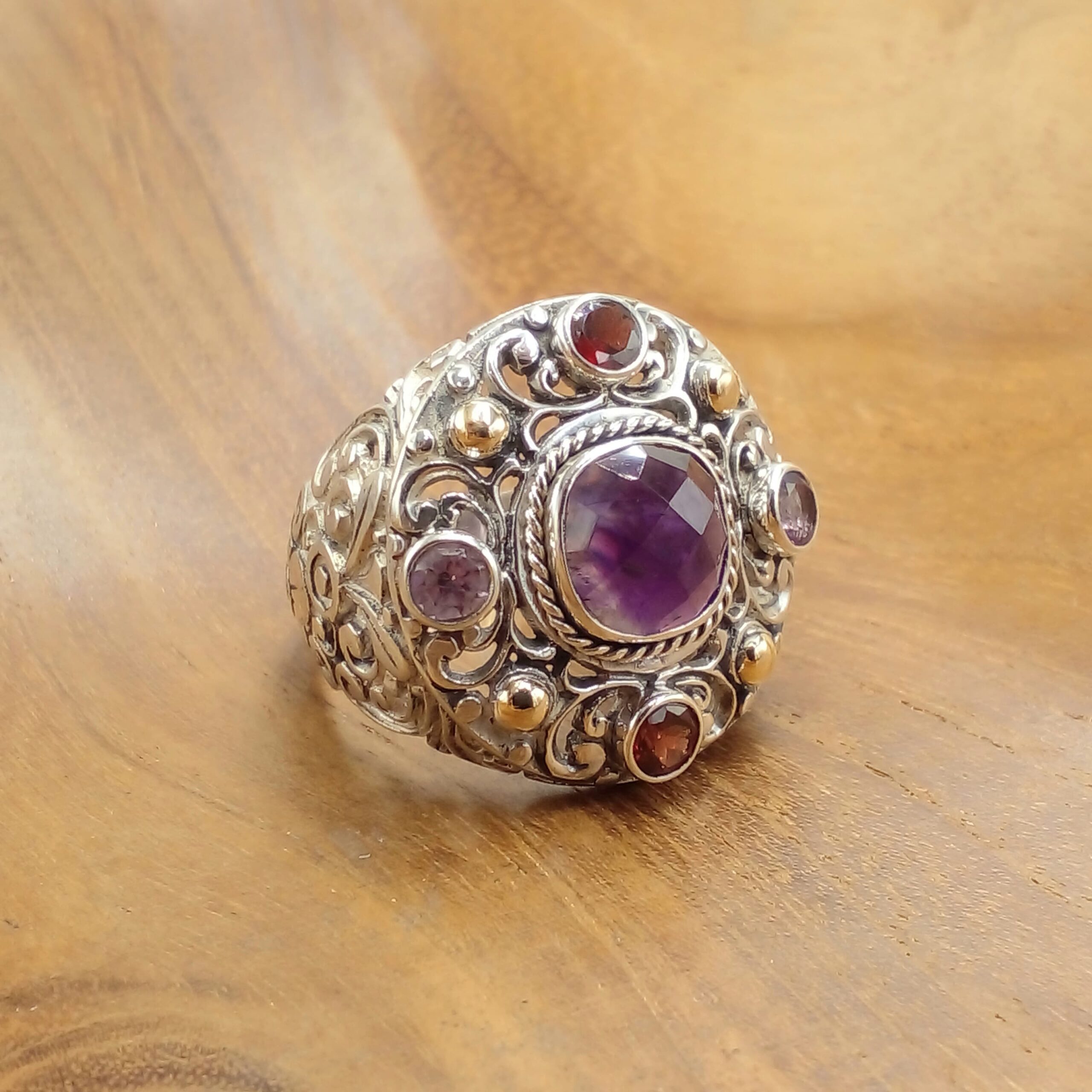 Sterling Silver Bali Ring With Gold And Gem R672AMYW563
