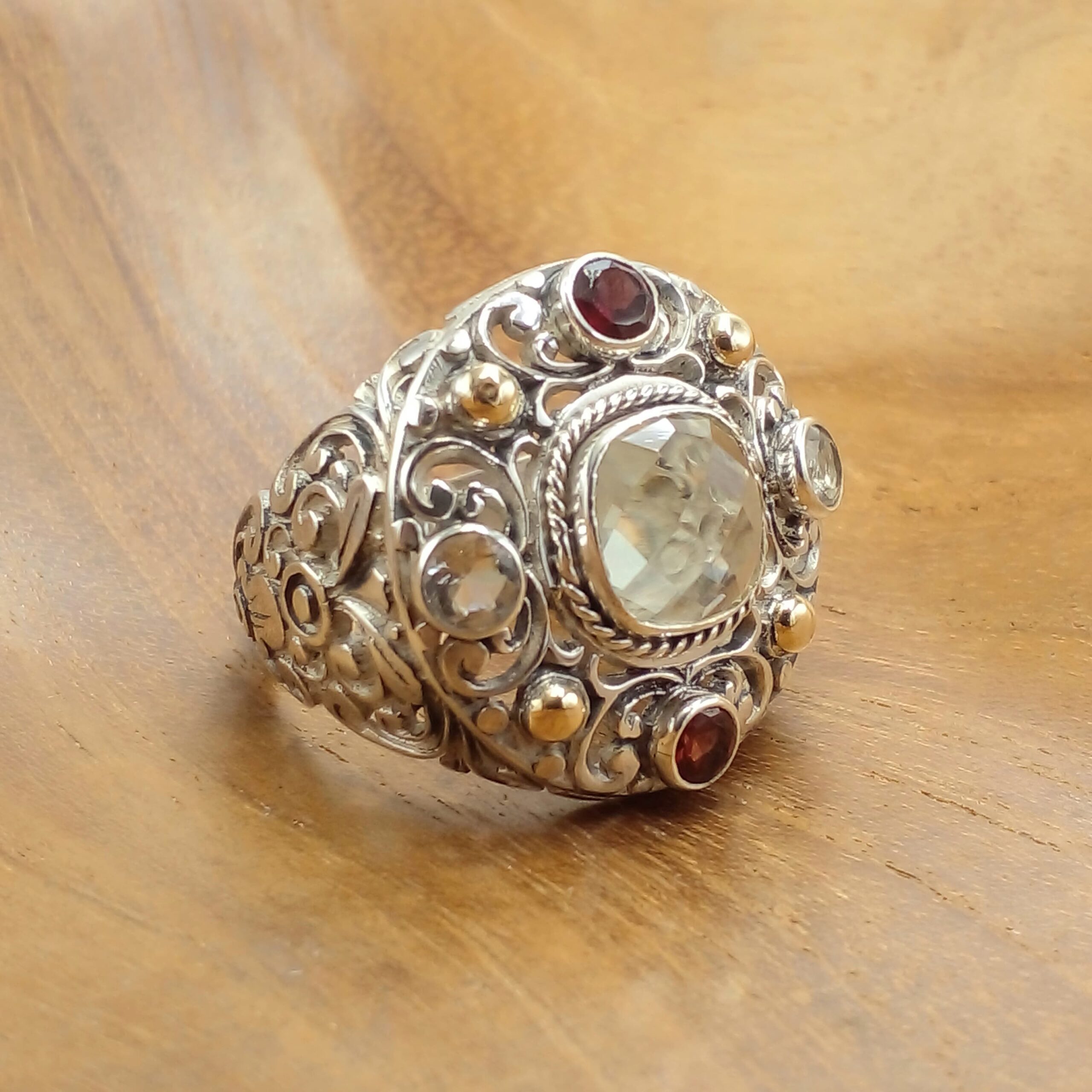Sterling Silver Bali Ring With Gold And Gem R672AMYW563