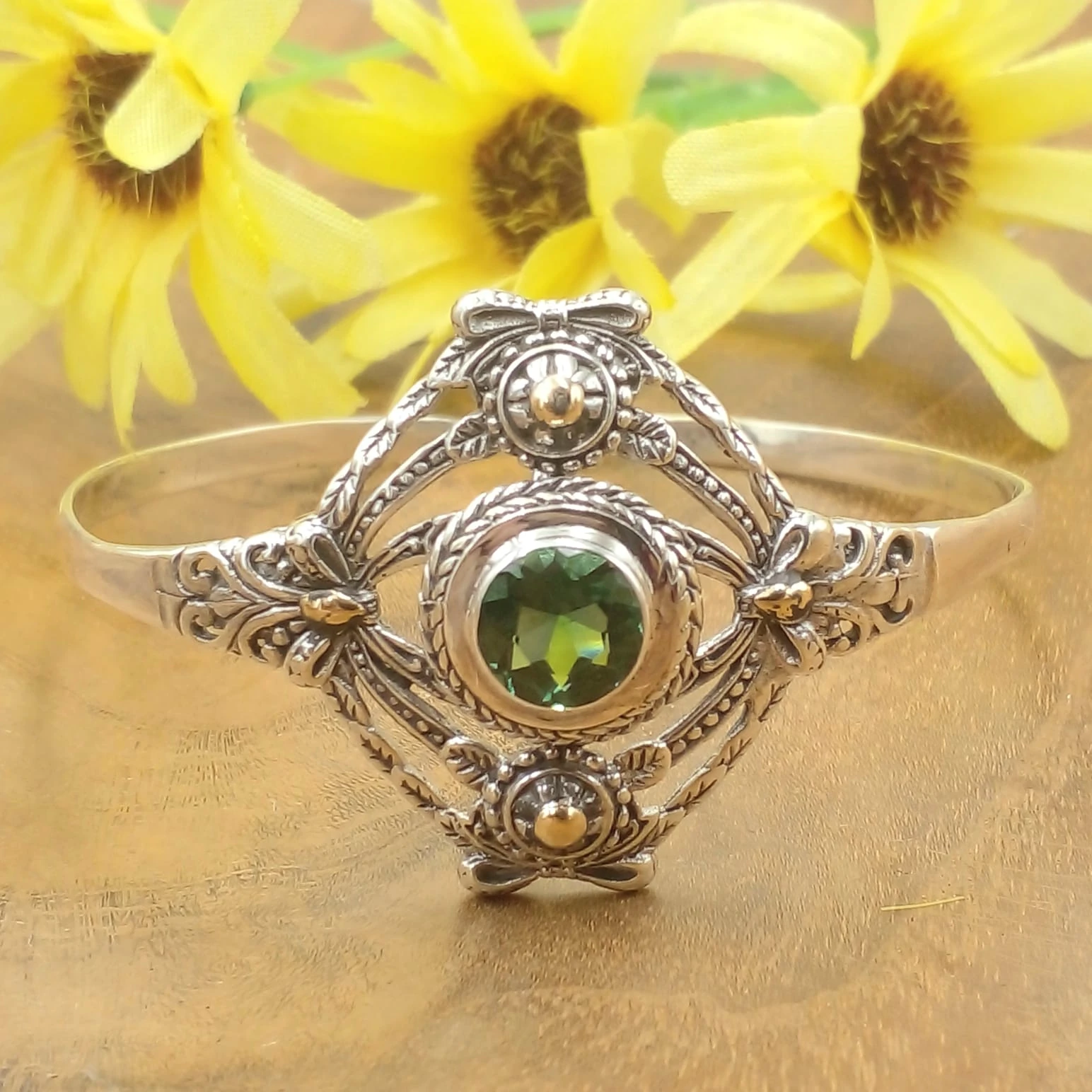 Balinese Silver Cuff Bracelet with Gemstones B658LRMW646