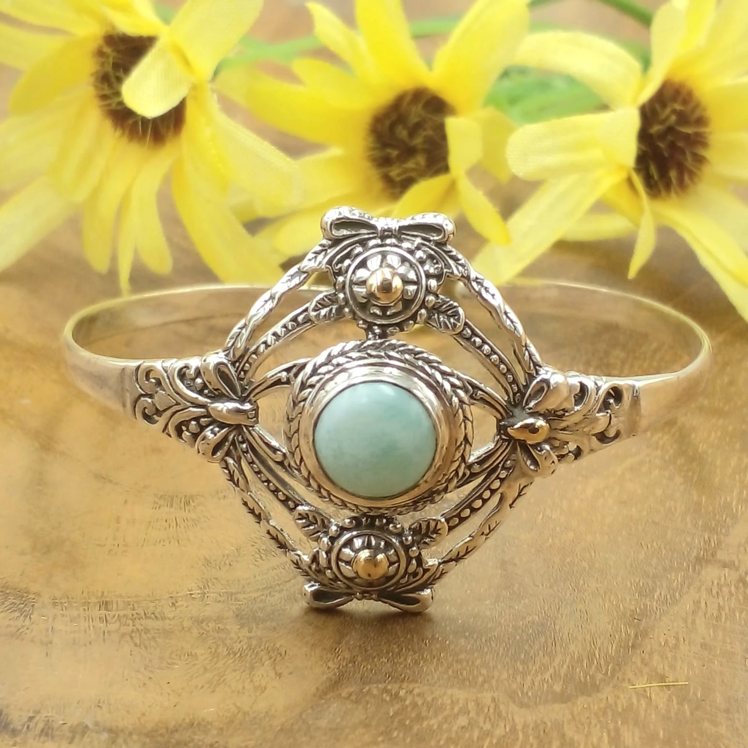 Balinese Silver Cuff Bracelet with Gemstones B658LRMW646