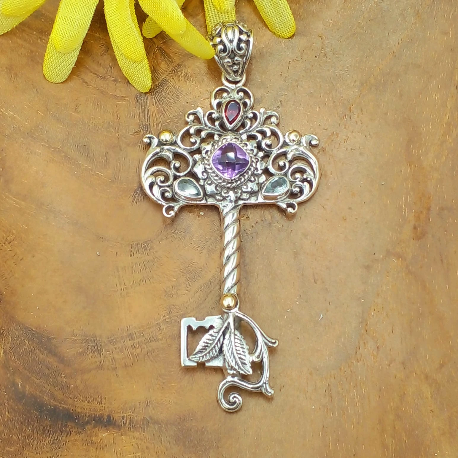 Balinese Silver Key Pendant With Gems P822AMYW646