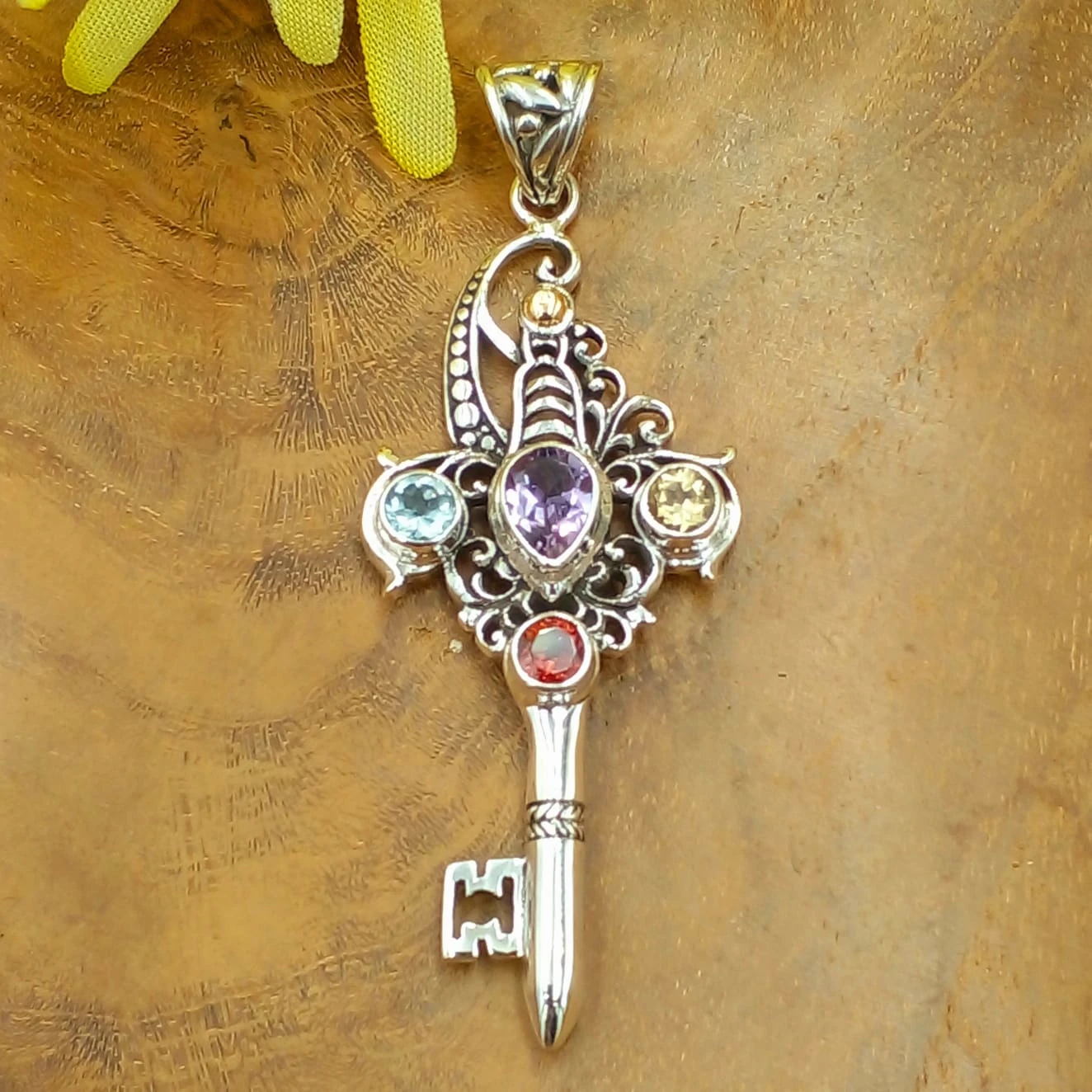 Balinese Silver Key Pendant With Gems P823AMYW462