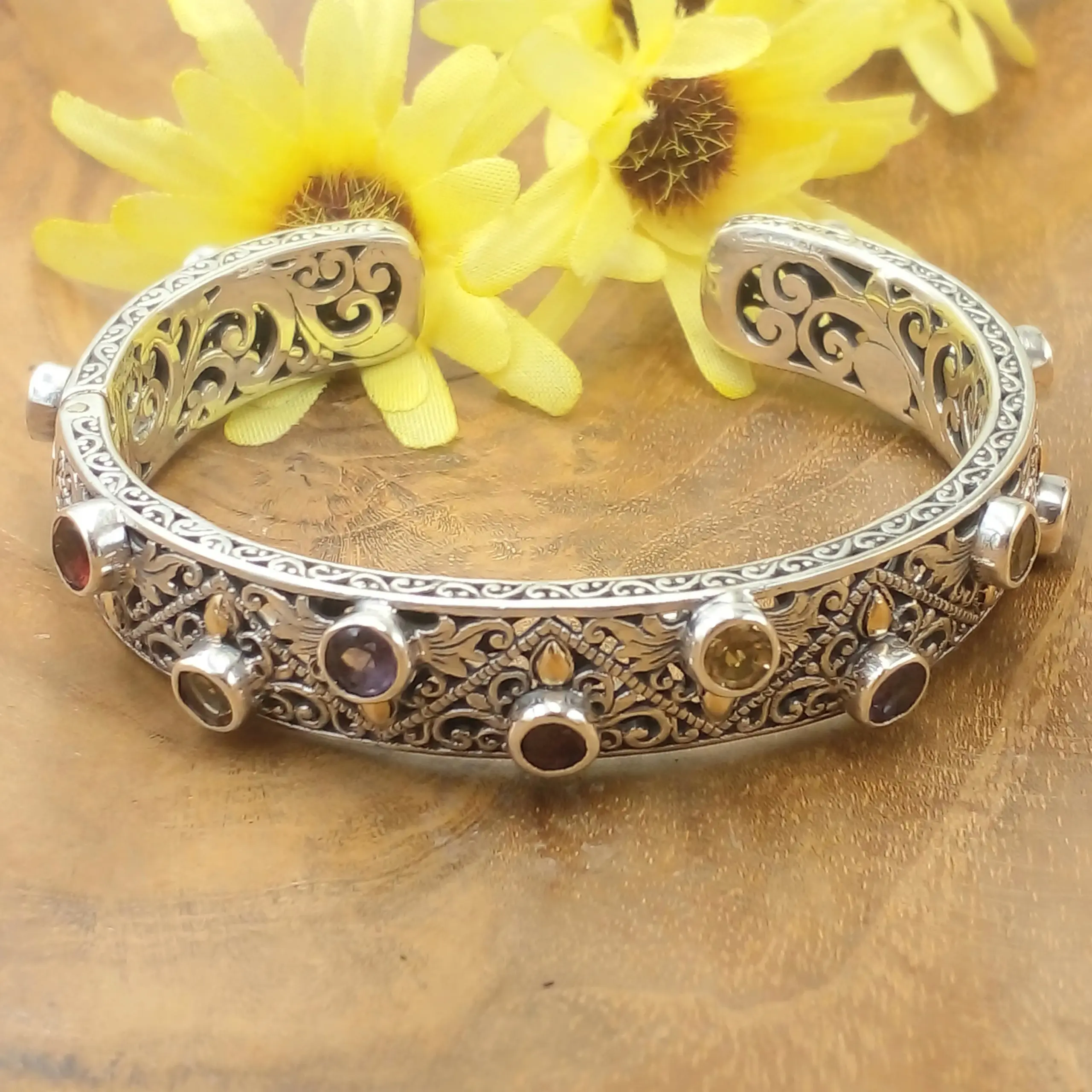 Balinese Carved Silver Bracelet With Gems B339W2460