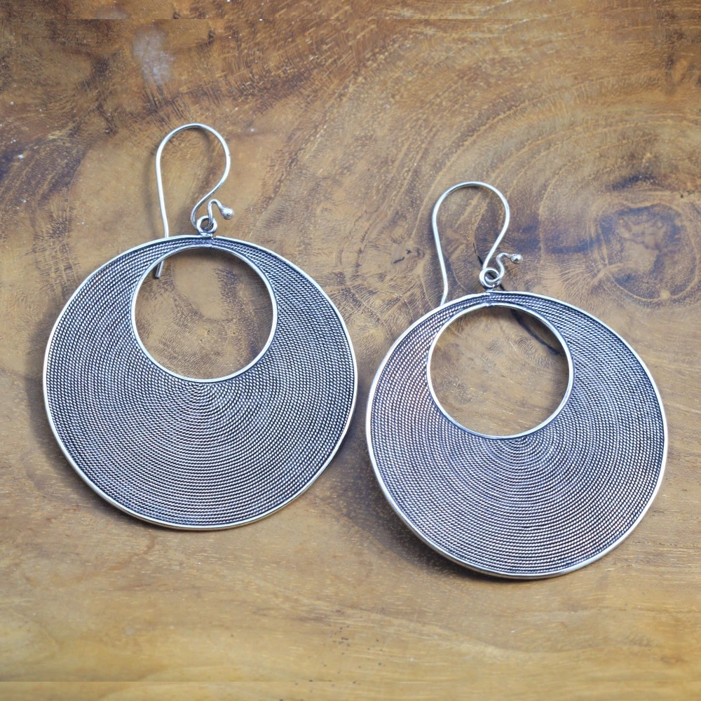 Authentic 925 Sterling Silver Women's Earrings with Javanese Circle Motif, Typical of Balinese Craftsmen E1171LW591