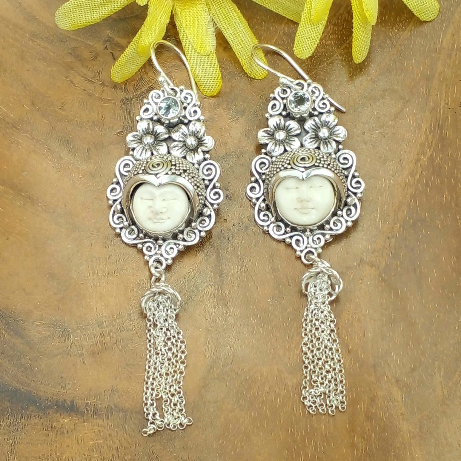 Javanese Silver Long Earrings Filigree Carved Face Classic Culture E1330AMYW858