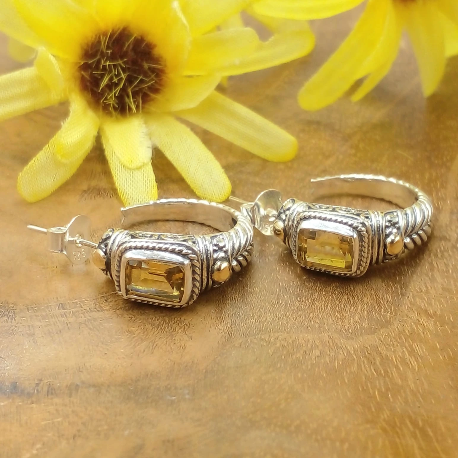 Balinese Carved 925 Sterling Silver Earrings with Rectangle Stones & Gold Accents E1726AMY-W582