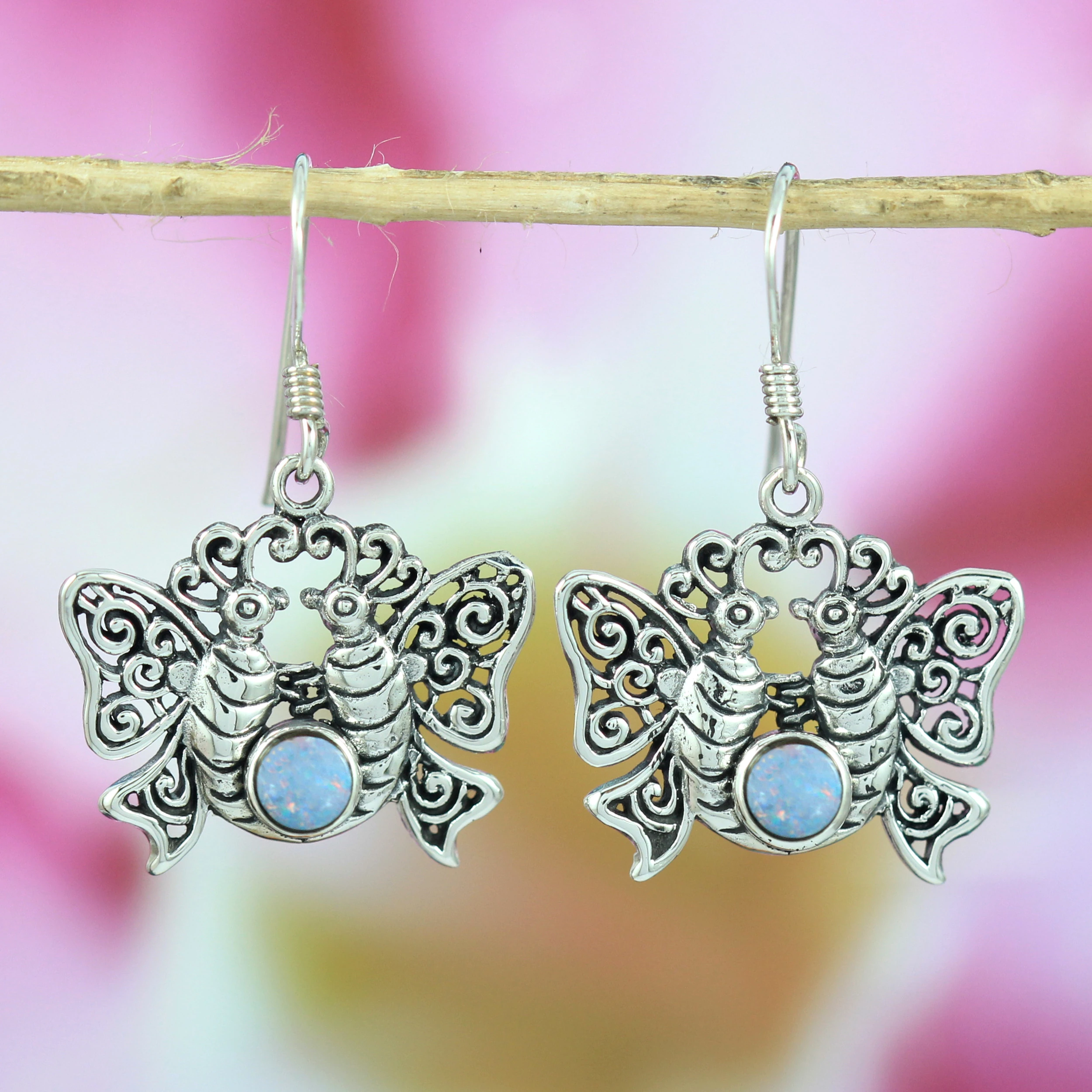 925 Silver Earrings with Balinese Butterfly Motif and Blue Opal Stone E383OPLW220