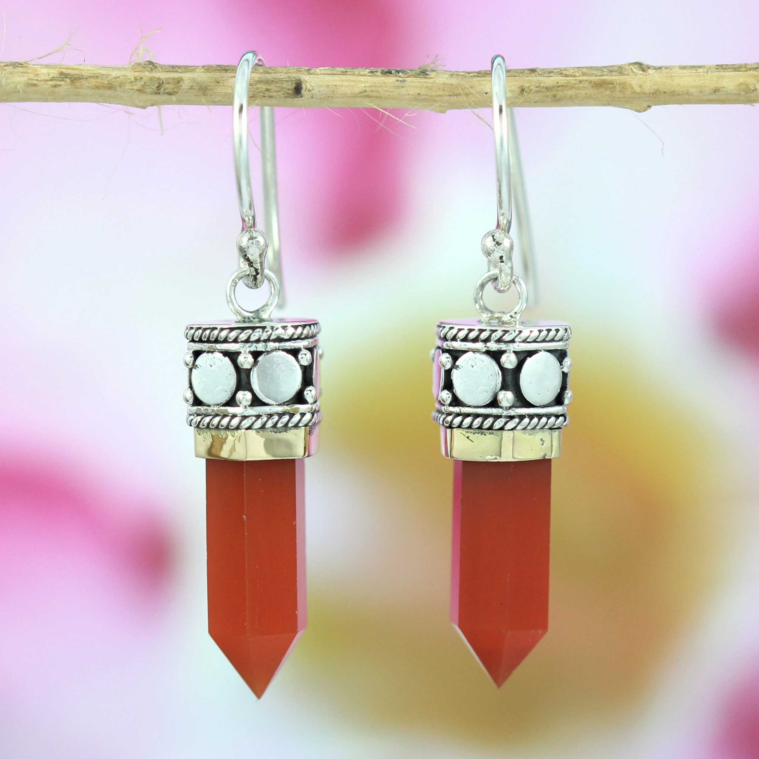 Armadelo Pencil Style 925 Silver Red Carnelian Stone Hanging Earrings E444CLNW323