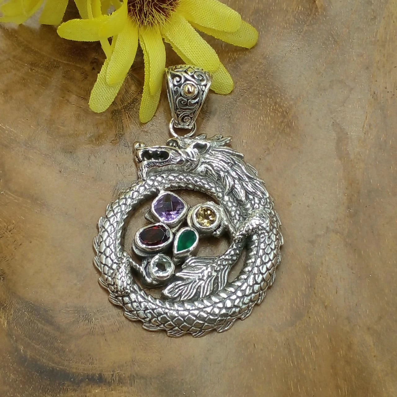 Silver Dragon Pendant with Multi-Gems P867A-W923
